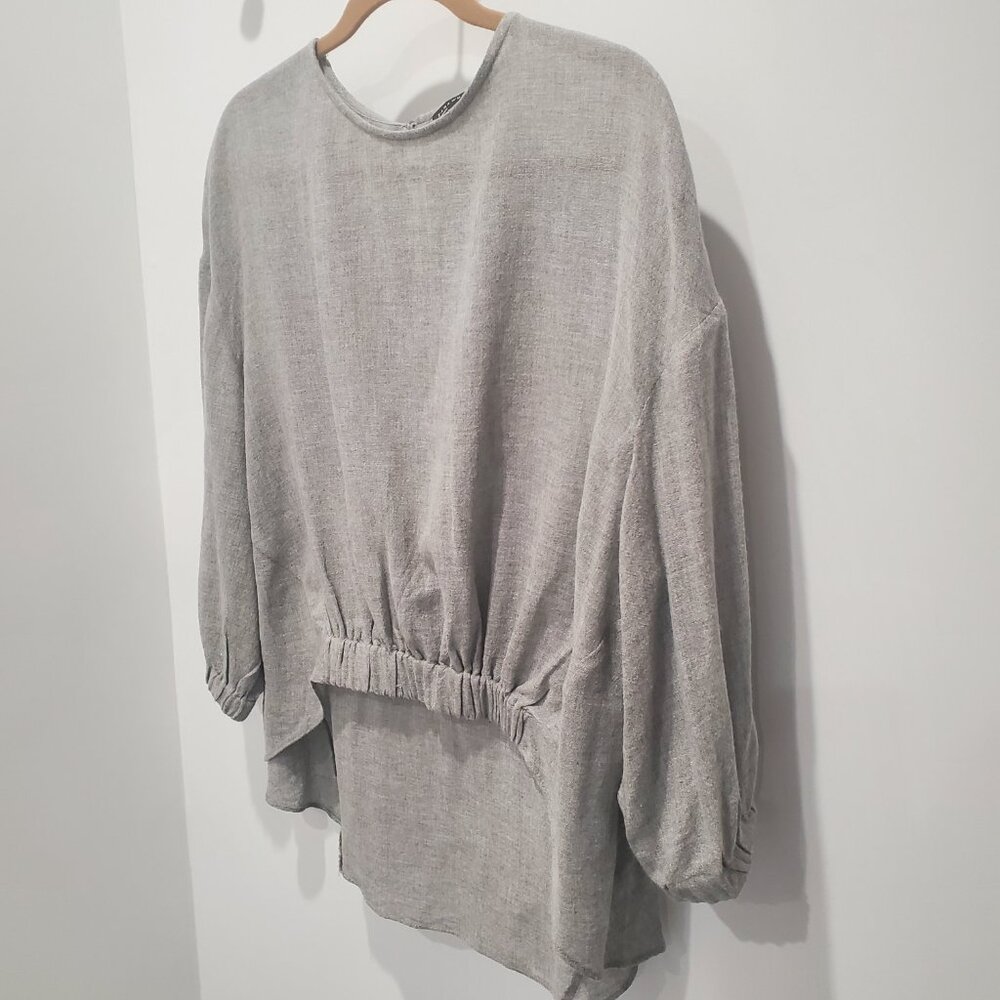 Zara Light Grey Linen Style High Low Asymmetrical 3/4 Sleeve Top XL - Picture 2 of 10